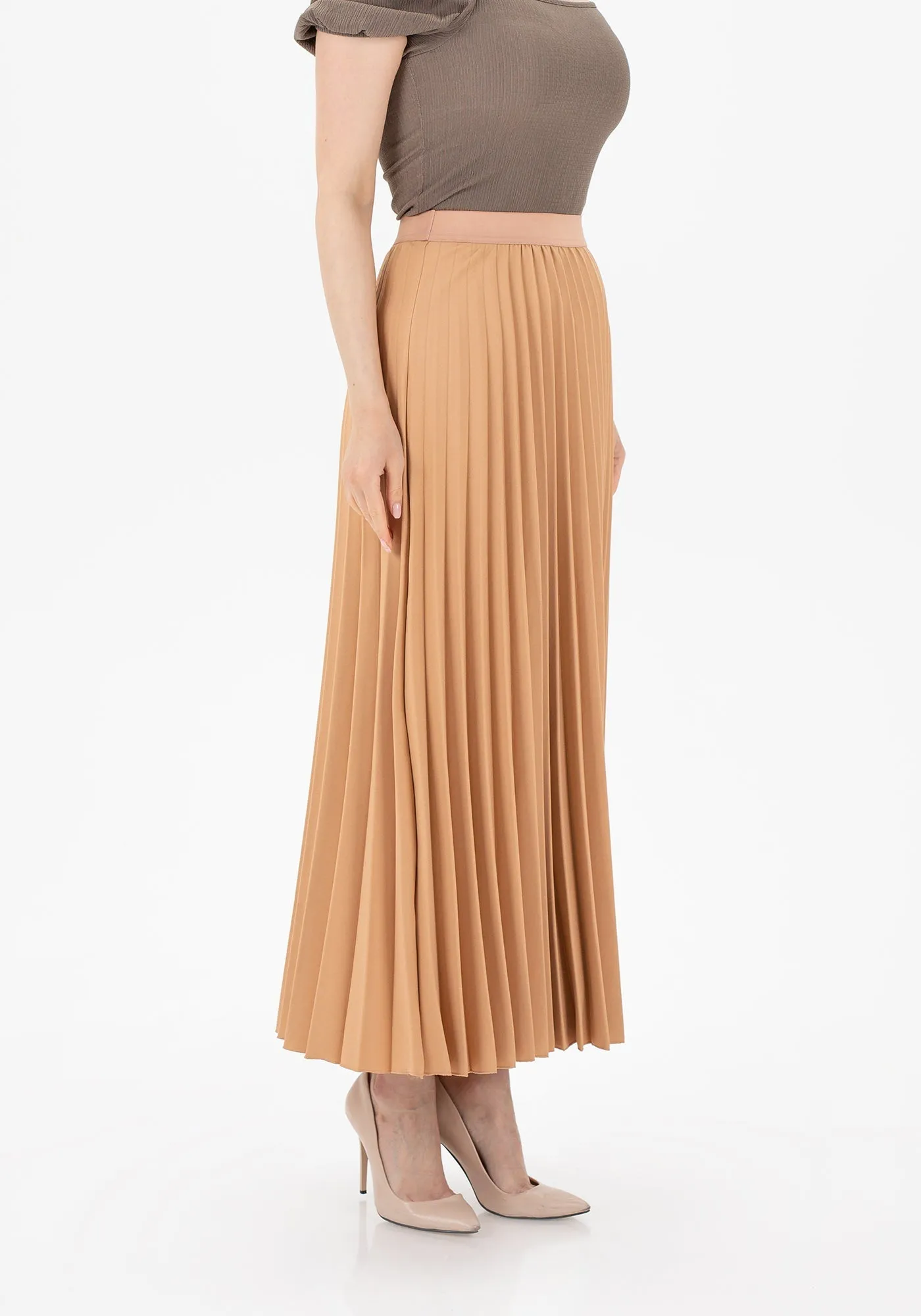 Camel Pleated Maxi Skirt Elastic Waist Band Ankle Length Plisse Skirt