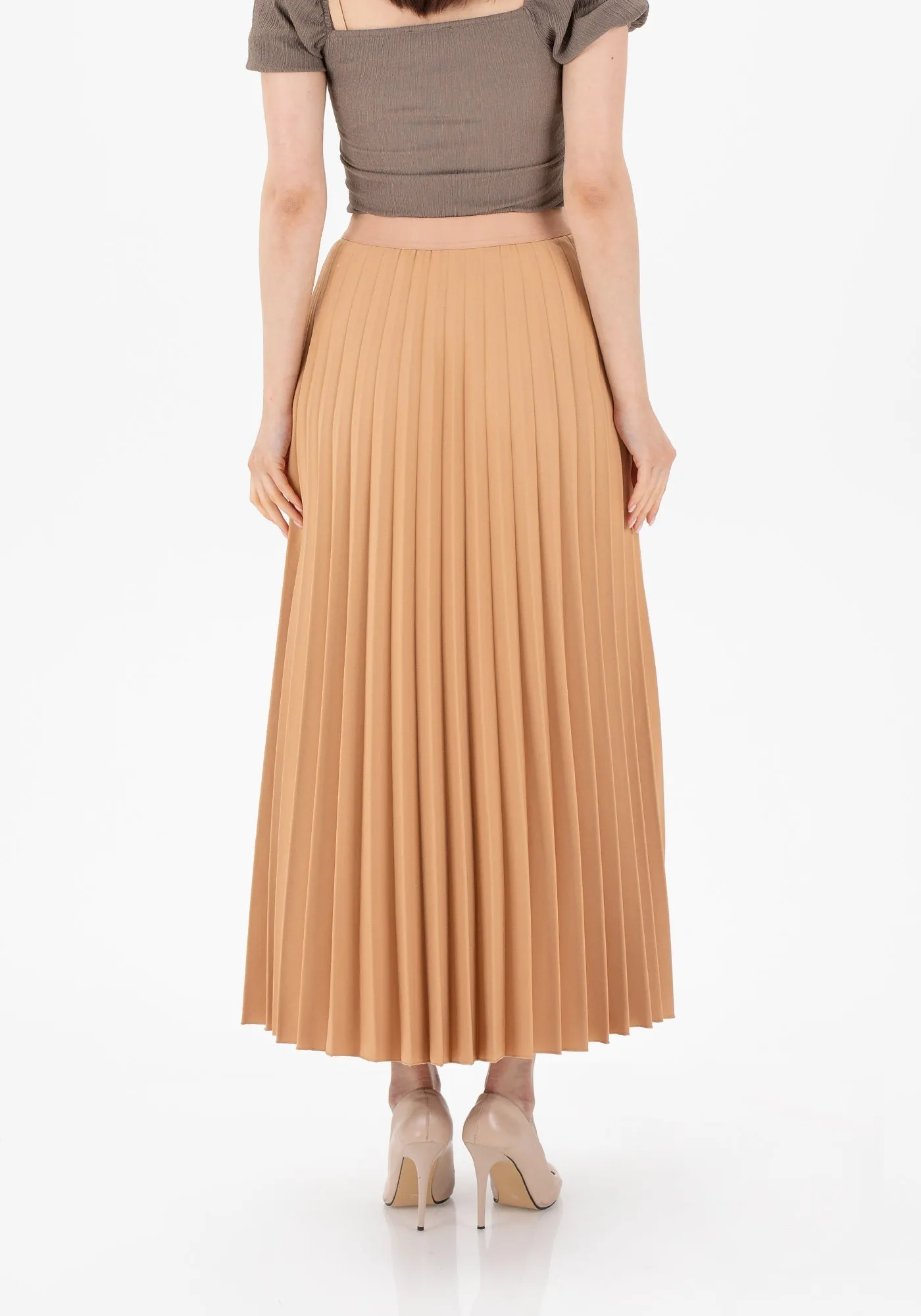 Camel Pleated Maxi Skirt Elastic Waist Band Ankle Length Plisse Skirt