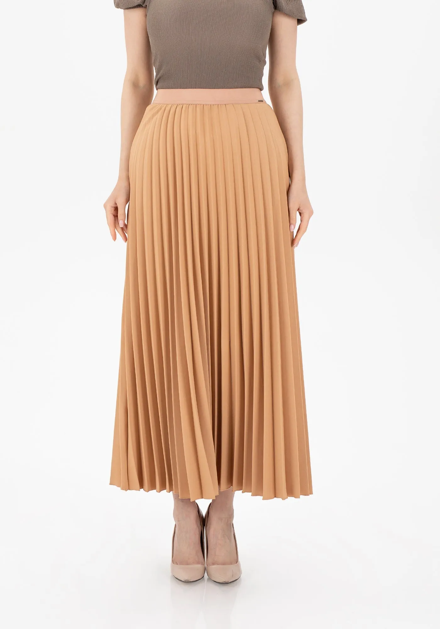 Camel Pleated Maxi Skirt Elastic Waist Band Ankle Length Plisse Skirt