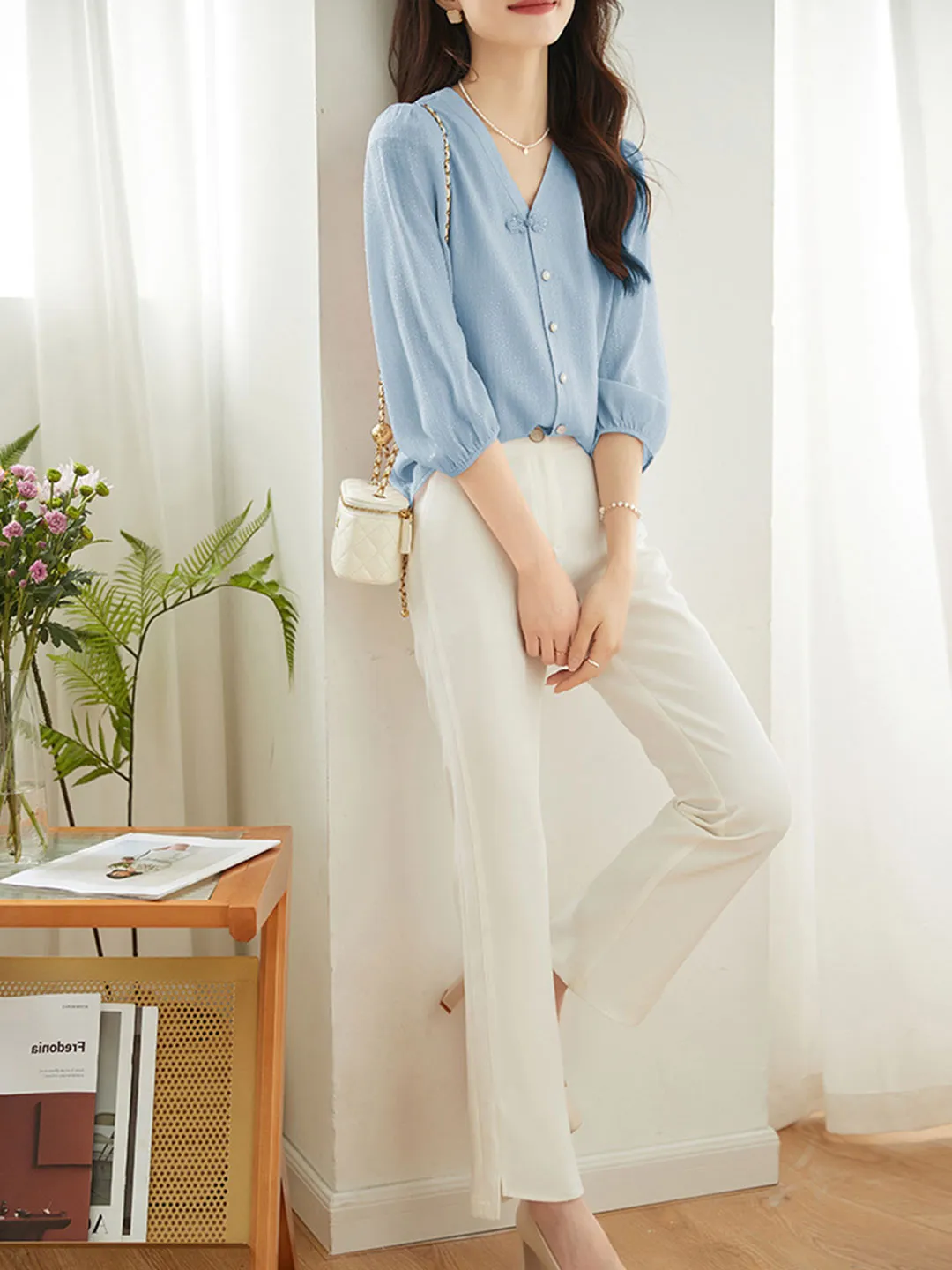 Camila Elegant Puff Sleeve Chiffon Blouse-Pink