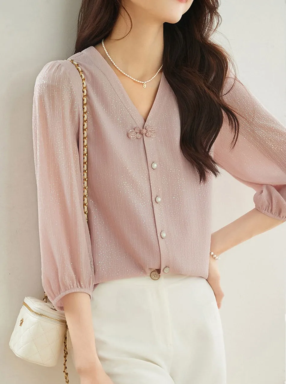 Camila Elegant Puff Sleeve Chiffon Blouse-Pink