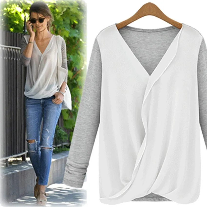 Chiffon Patchwork Ruches V-neck Long Sleeves Fashion Blouse