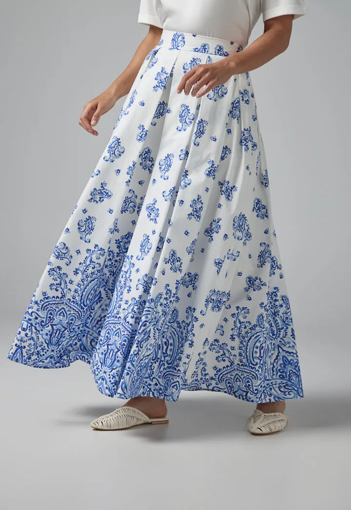 Choice Pleated Flared Printed Maxi Skirt Off White