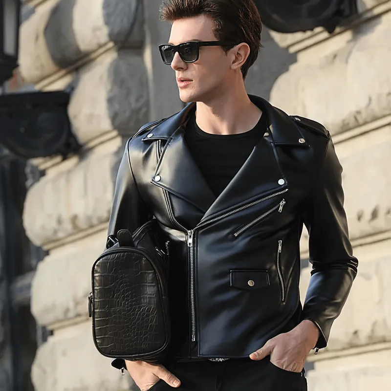 Cool Black Faux Leather Jackets / Zipper Long Sleeves Biker Jacket for Men