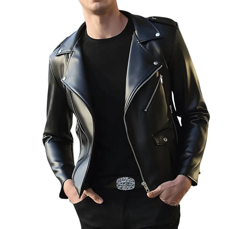 Cool Black Faux Leather Jackets / Zipper Long Sleeves Biker Jacket for Men