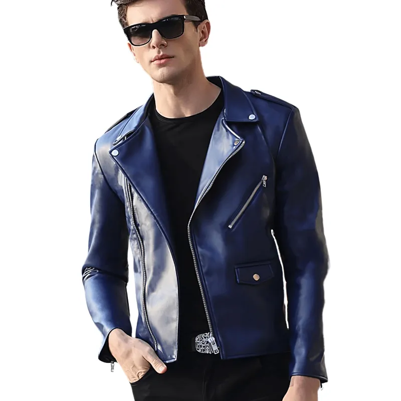 Cool Black Faux Leather Jackets / Zipper Long Sleeves Biker Jacket for Men