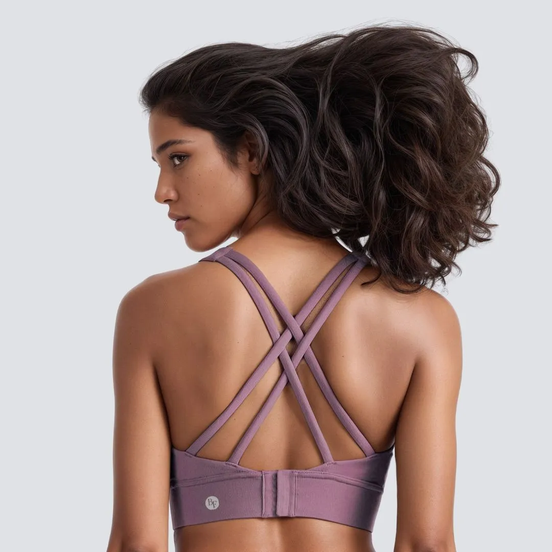 Cross Back Sports Bra With Hooks - Subtle Purple