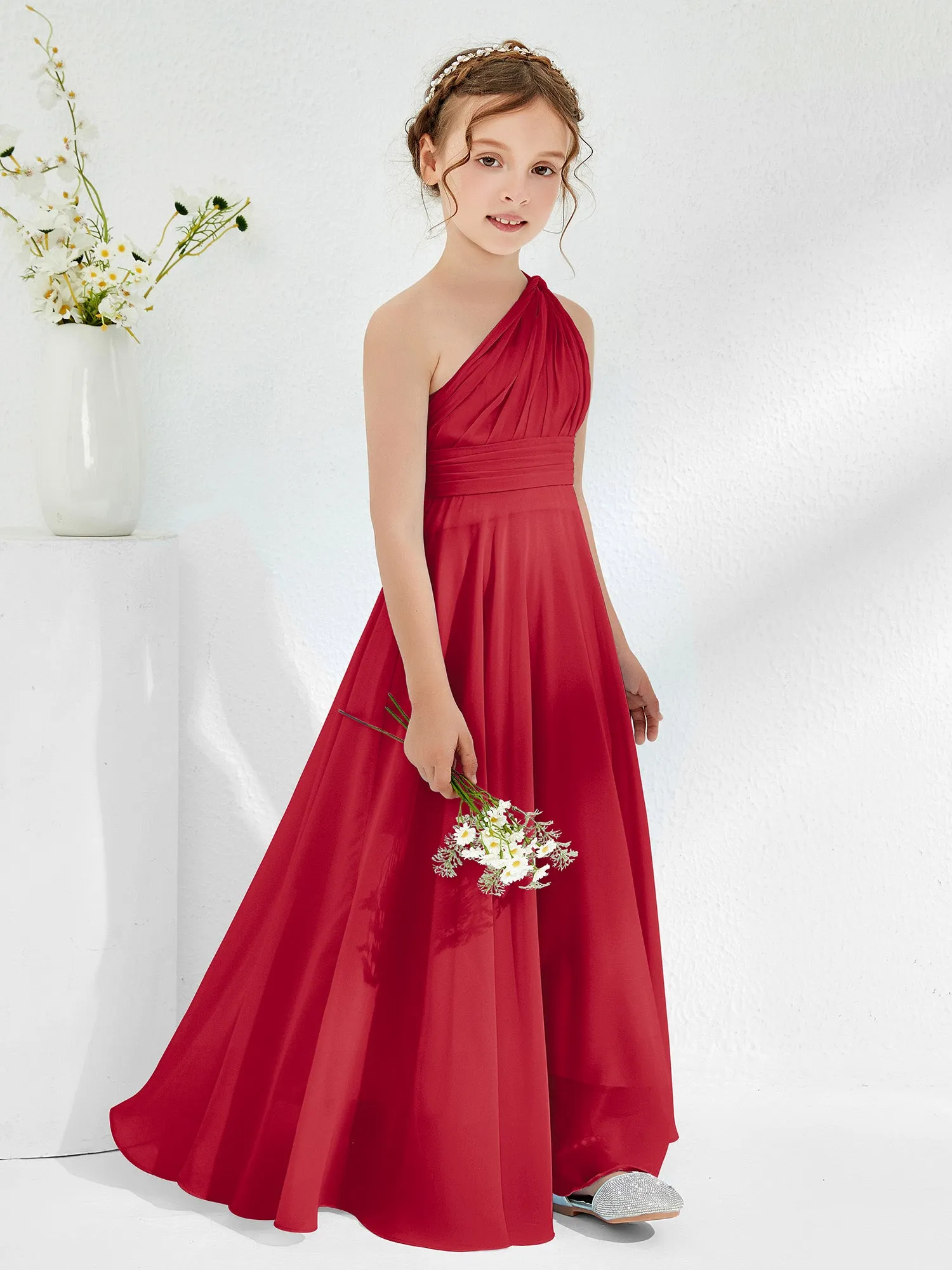 Cute One Shoulder  A-line Junior Bridesmaid Dresses Burgundy