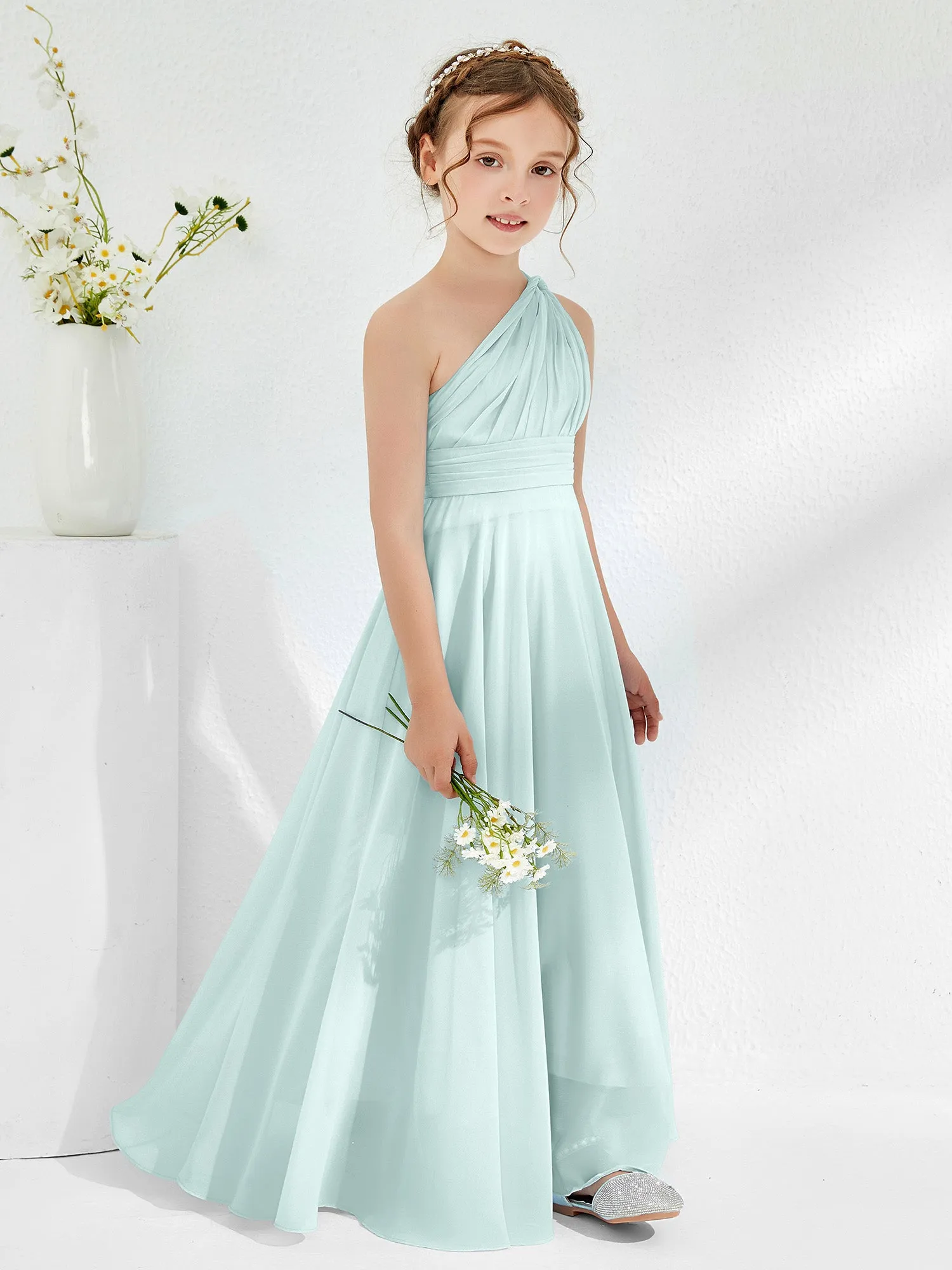 Cute One Shoulder  A-line Junior Bridesmaid Dresses Mist