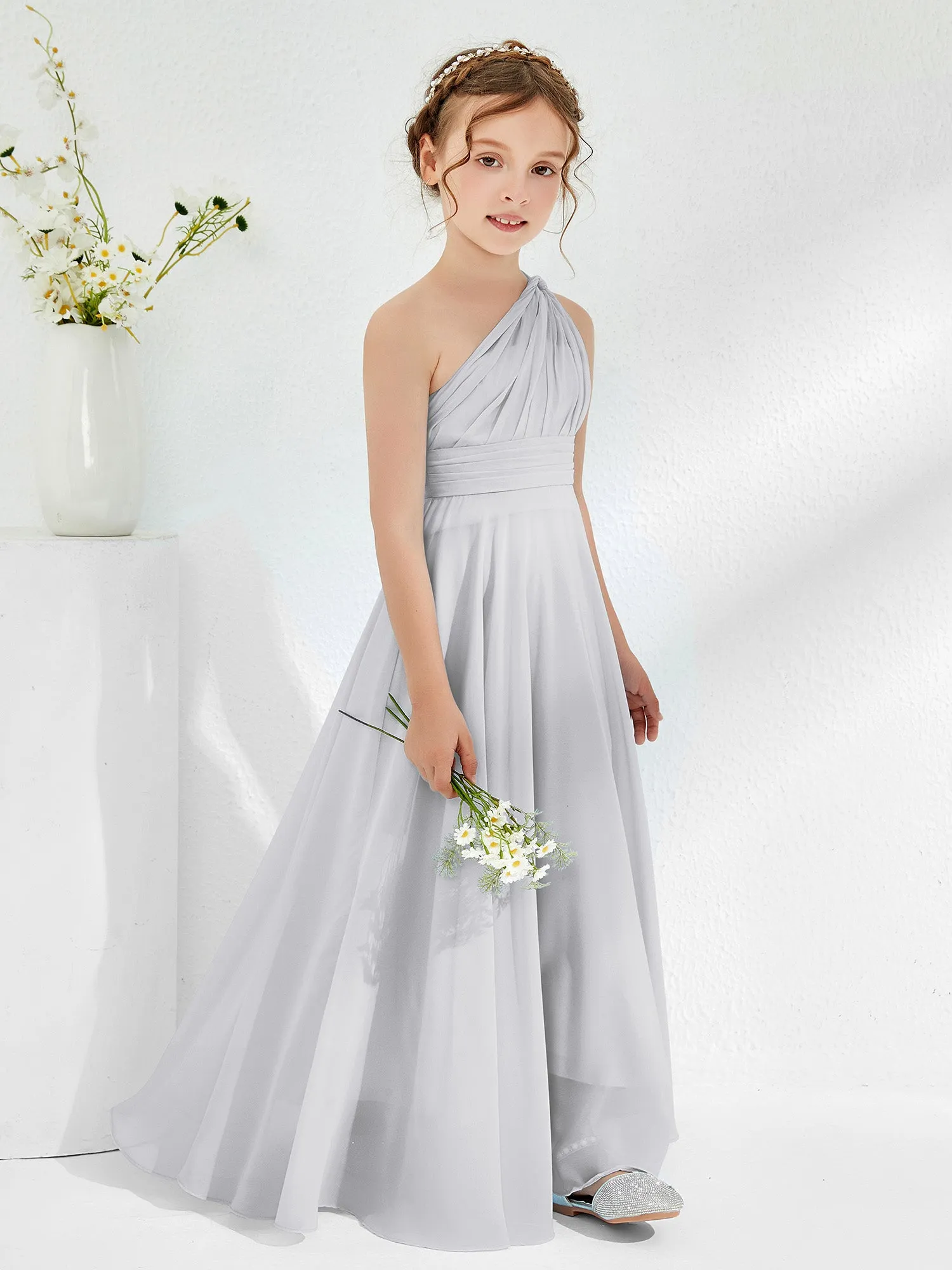 Cute One Shoulder  A-line Junior Bridesmaid Dresses Silver