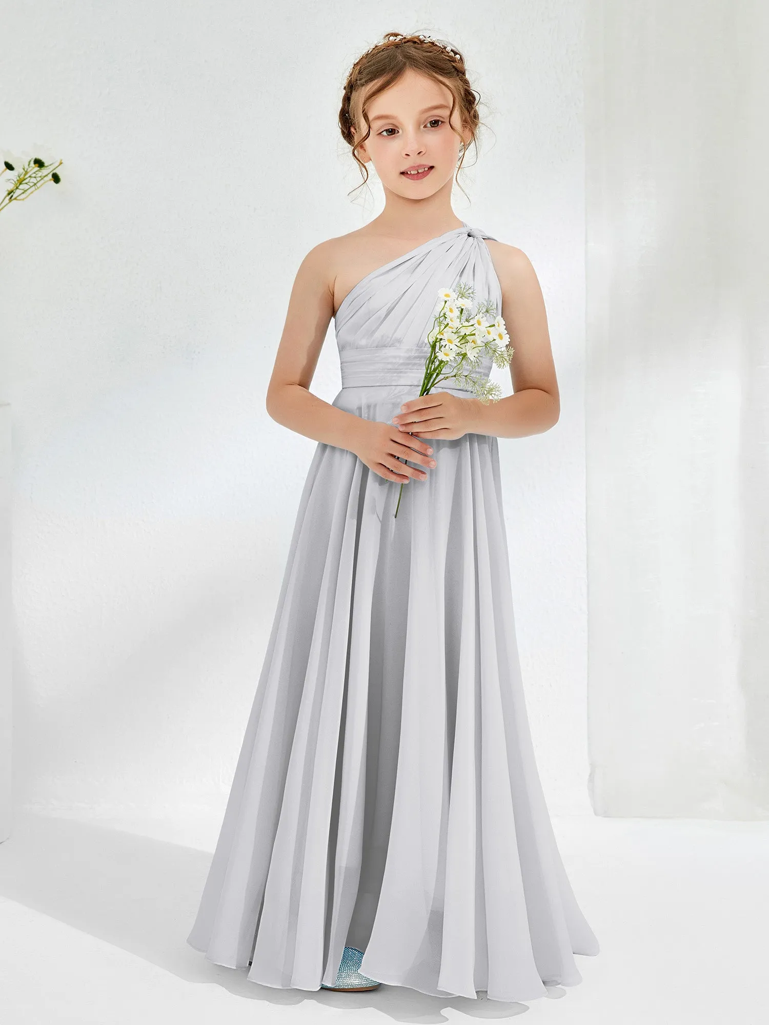 Cute One Shoulder  A-line Junior Bridesmaid Dresses Silver