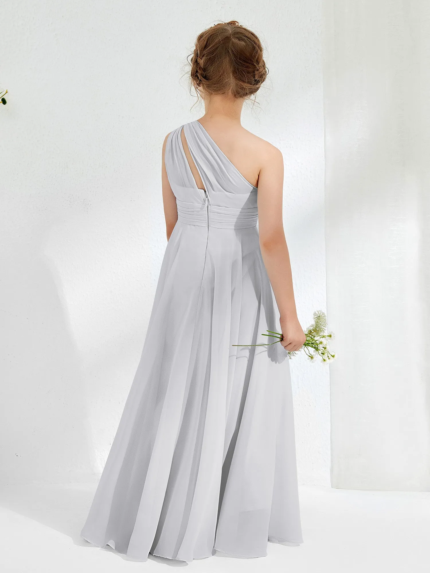 Cute One Shoulder  A-line Junior Bridesmaid Dresses Silver