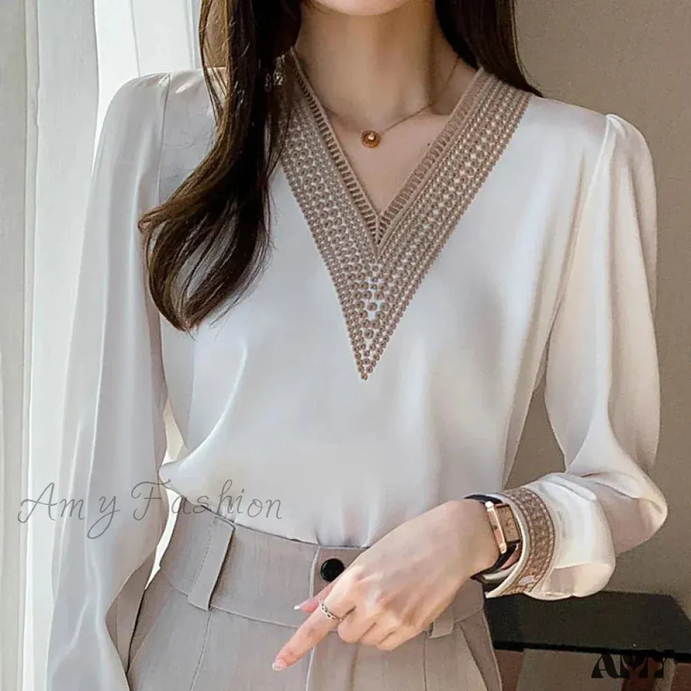 Elegant Chiffons Fashion Casual Loose Long Sleeve Lady Embroidery Tops Blouse