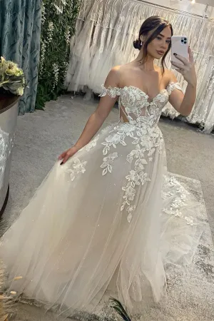 Elegant Long A-line Off-the-shoulder Sweetheart Appliques Glitter Wedding Dress