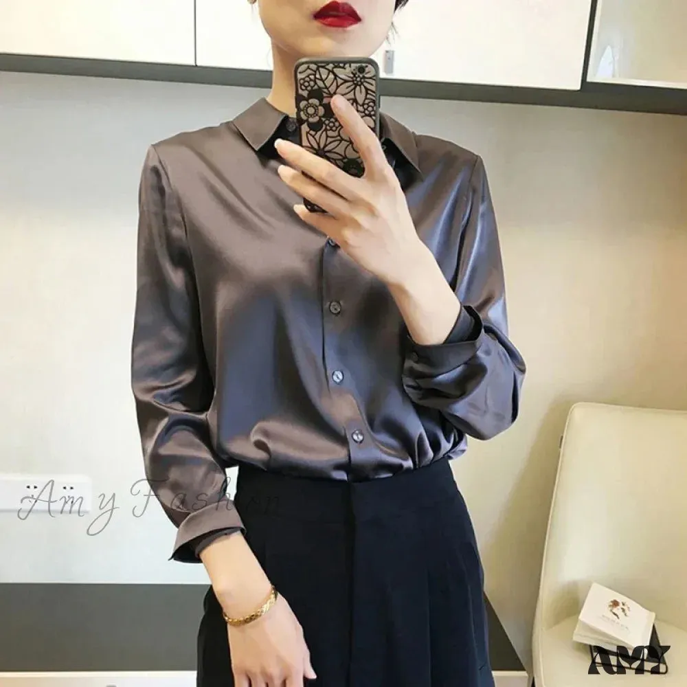 Elegant Luxury Vintage Solid Satin Silk Trend Top Blouse