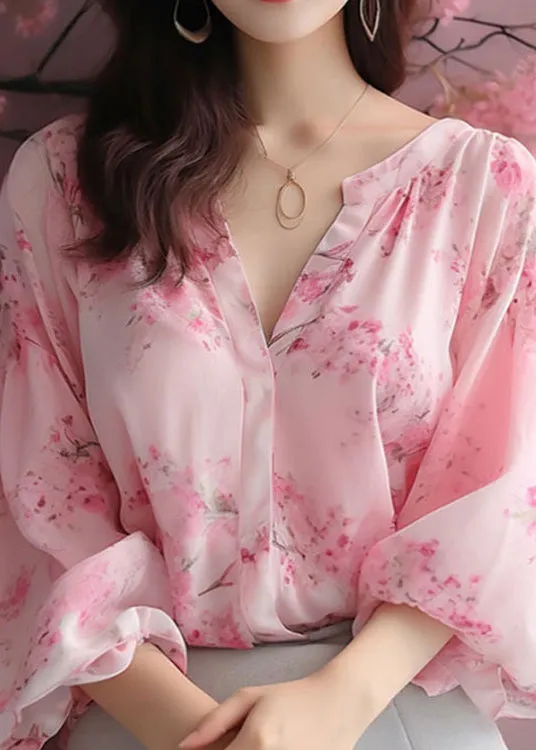 Elegant Pink V Neck Print Chiffon Blouses Bracelet Sleeve KJ018