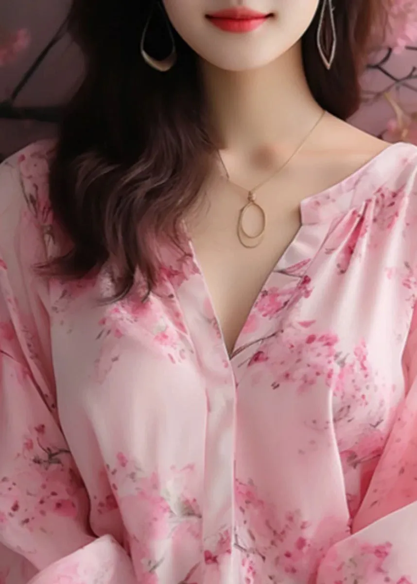 Elegant Pink V Neck Print Chiffon Blouses Bracelet Sleeve KJ018