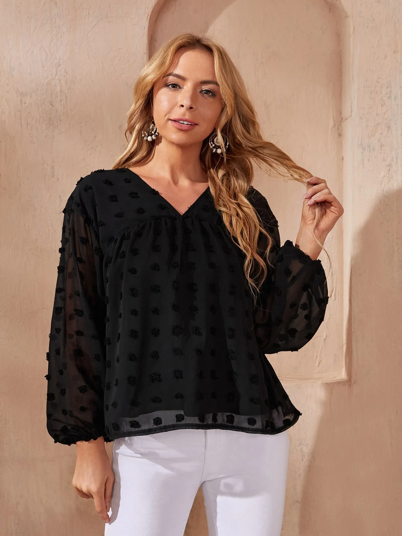 Elegant Plain Long Sleeve V Neck Semi-Sheer Regular Blouse