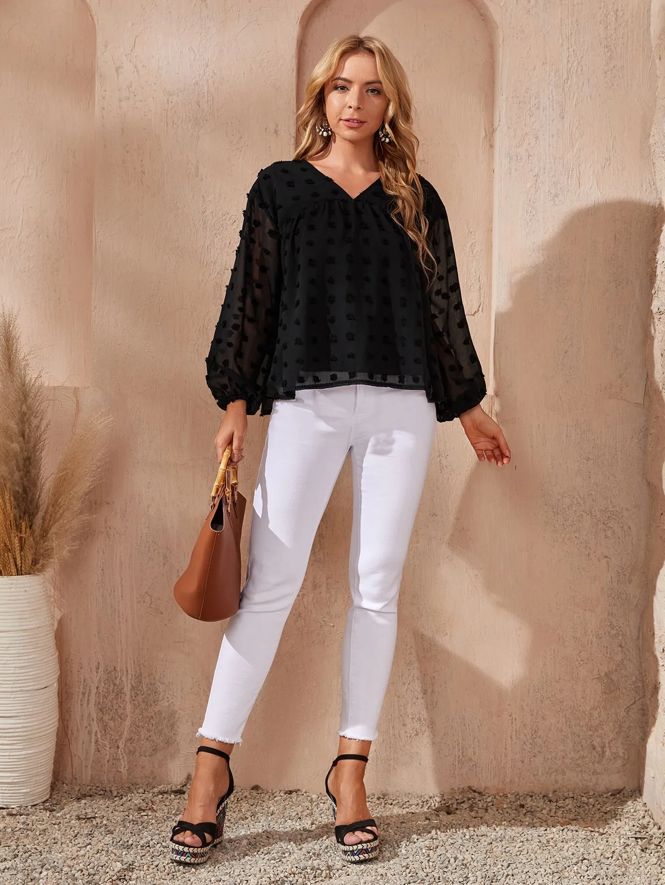 Elegant Plain Long Sleeve V Neck Semi-Sheer Regular Blouse