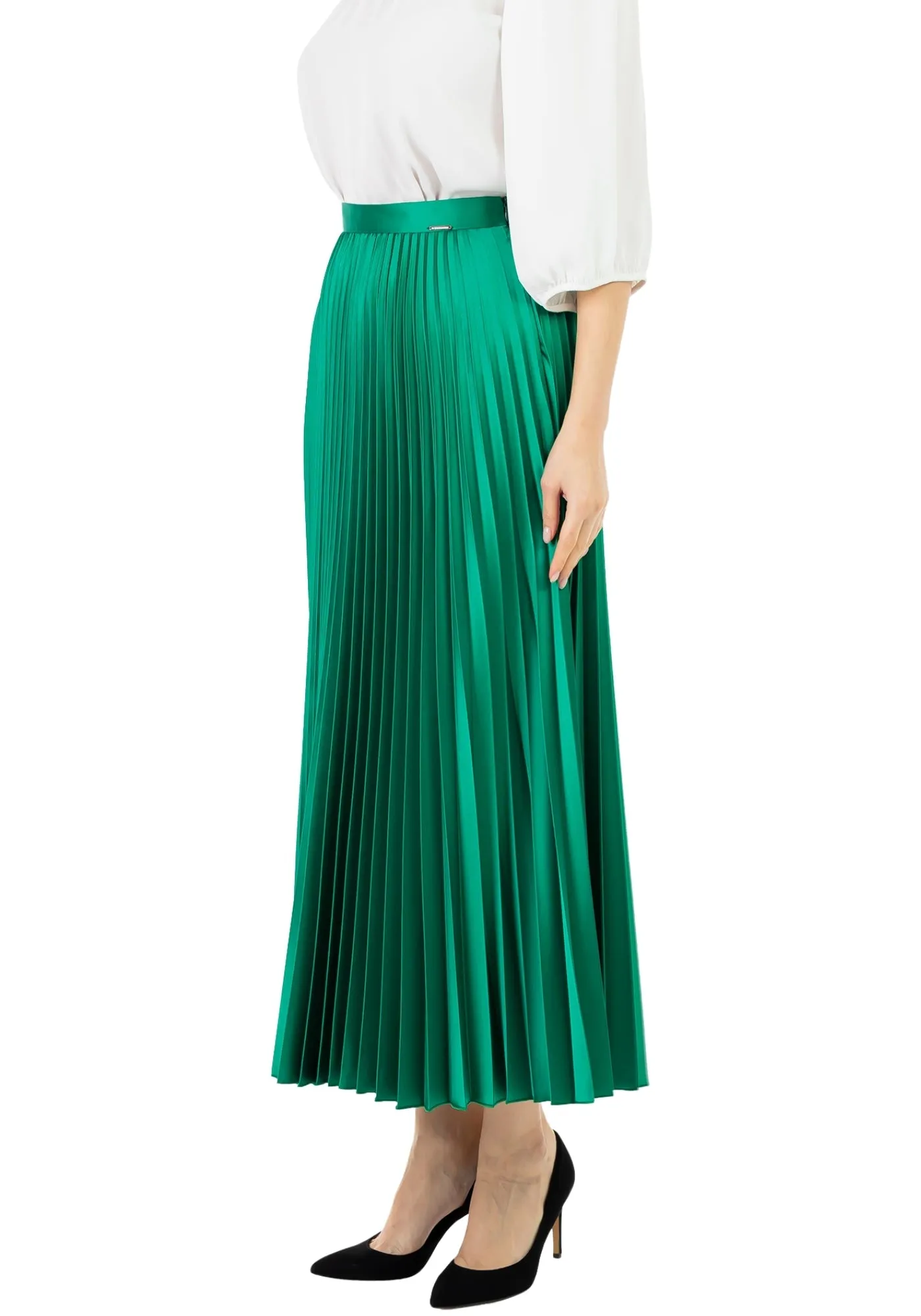 Emerald Green Satin Acetate Pleated Maxi Skirt