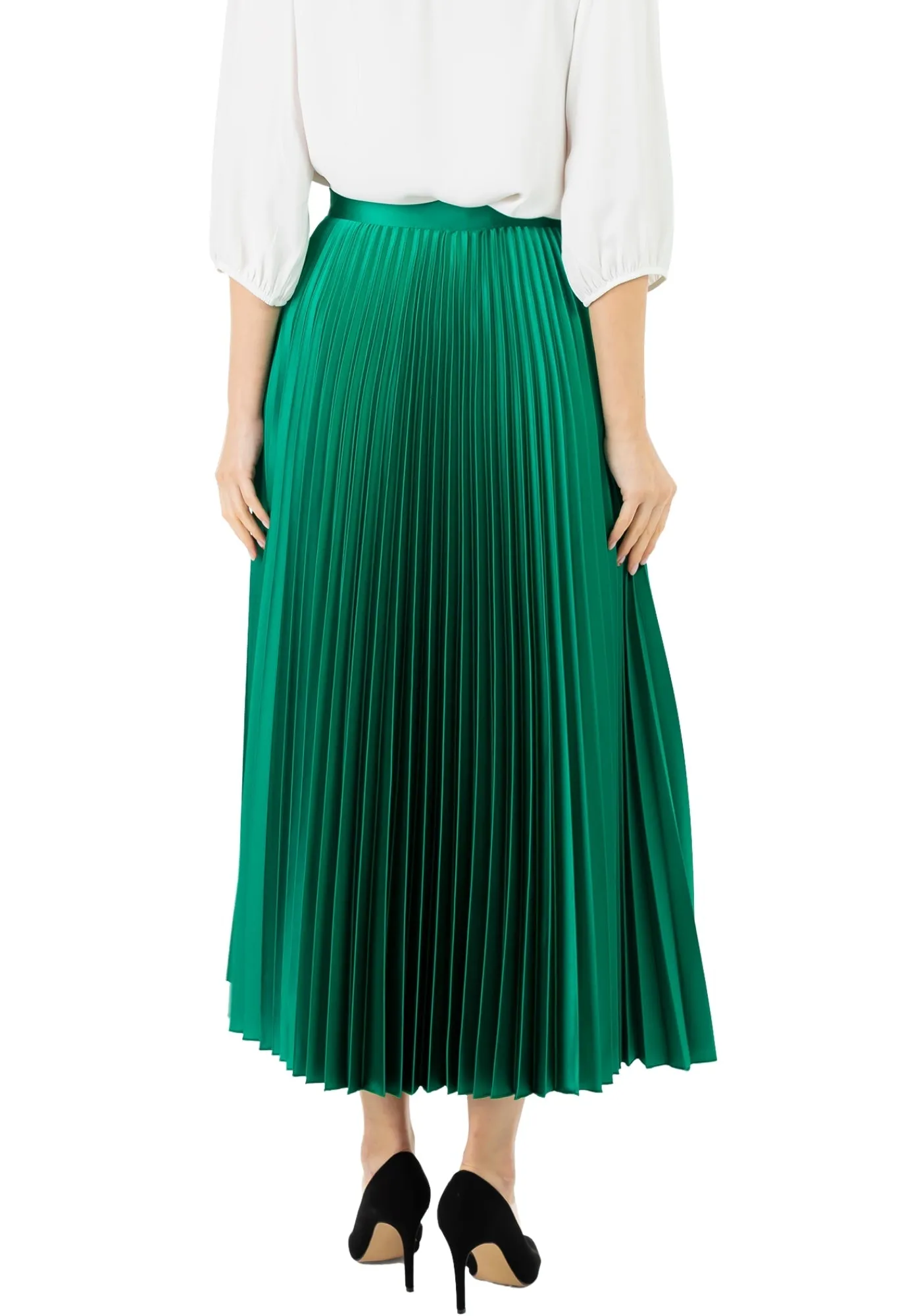 Emerald Green Satin Acetate Pleated Maxi Skirt