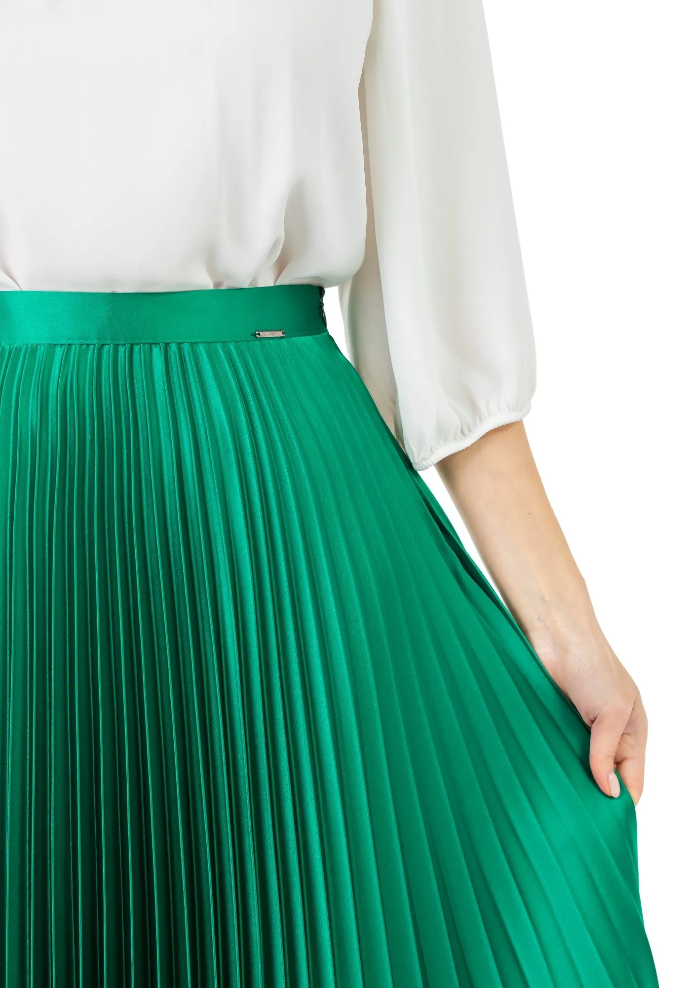 Emerald Green Satin Acetate Pleated Maxi Skirt