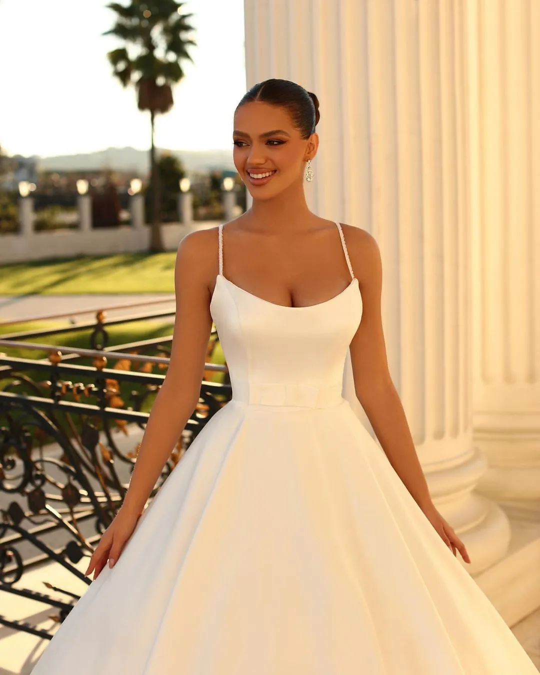 Fabulous Long White A-line Spaghetti Straps Satin Wedding Dress