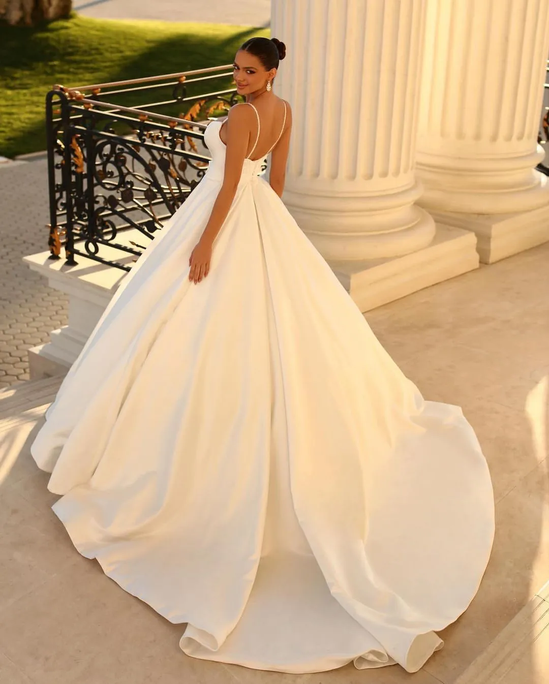 Fabulous Long White A-line Spaghetti Straps Satin Wedding Dress