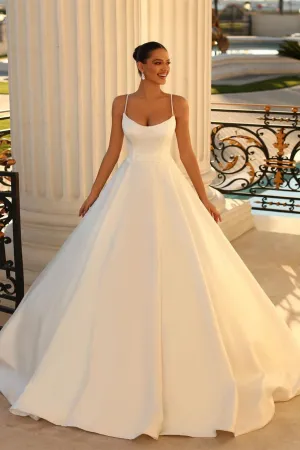 Fabulous Long White A-line Spaghetti Straps Satin Wedding Dress