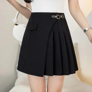 FashionSierra - A-line Pleated Mini High Waist Fashionable Asymmetrical Black Short Skirt