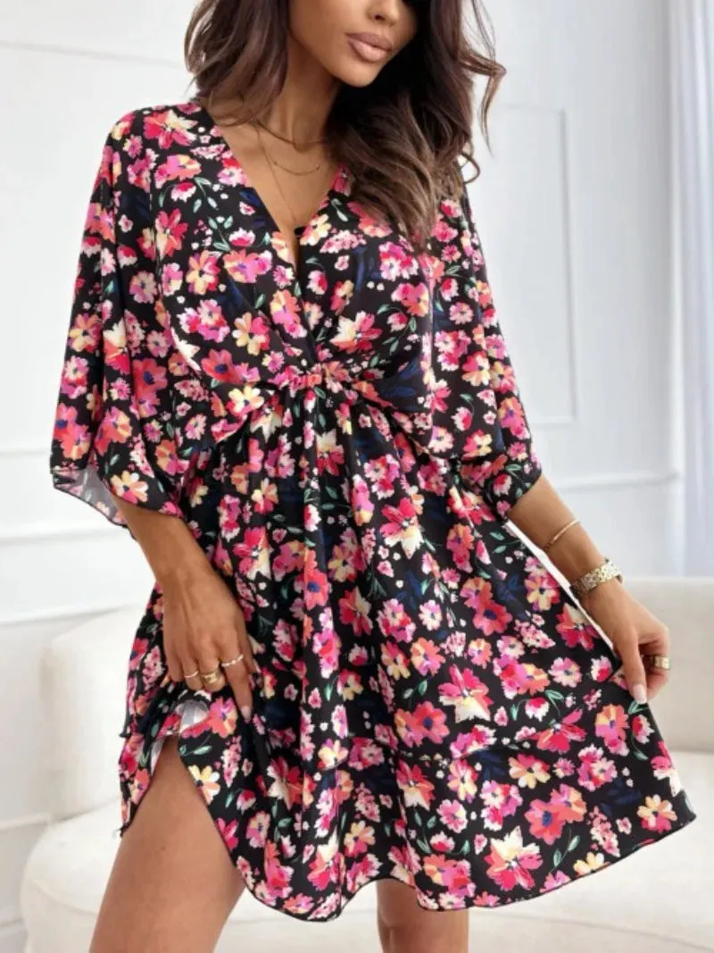 Floral A-Line Dress with Kimono Sleeves