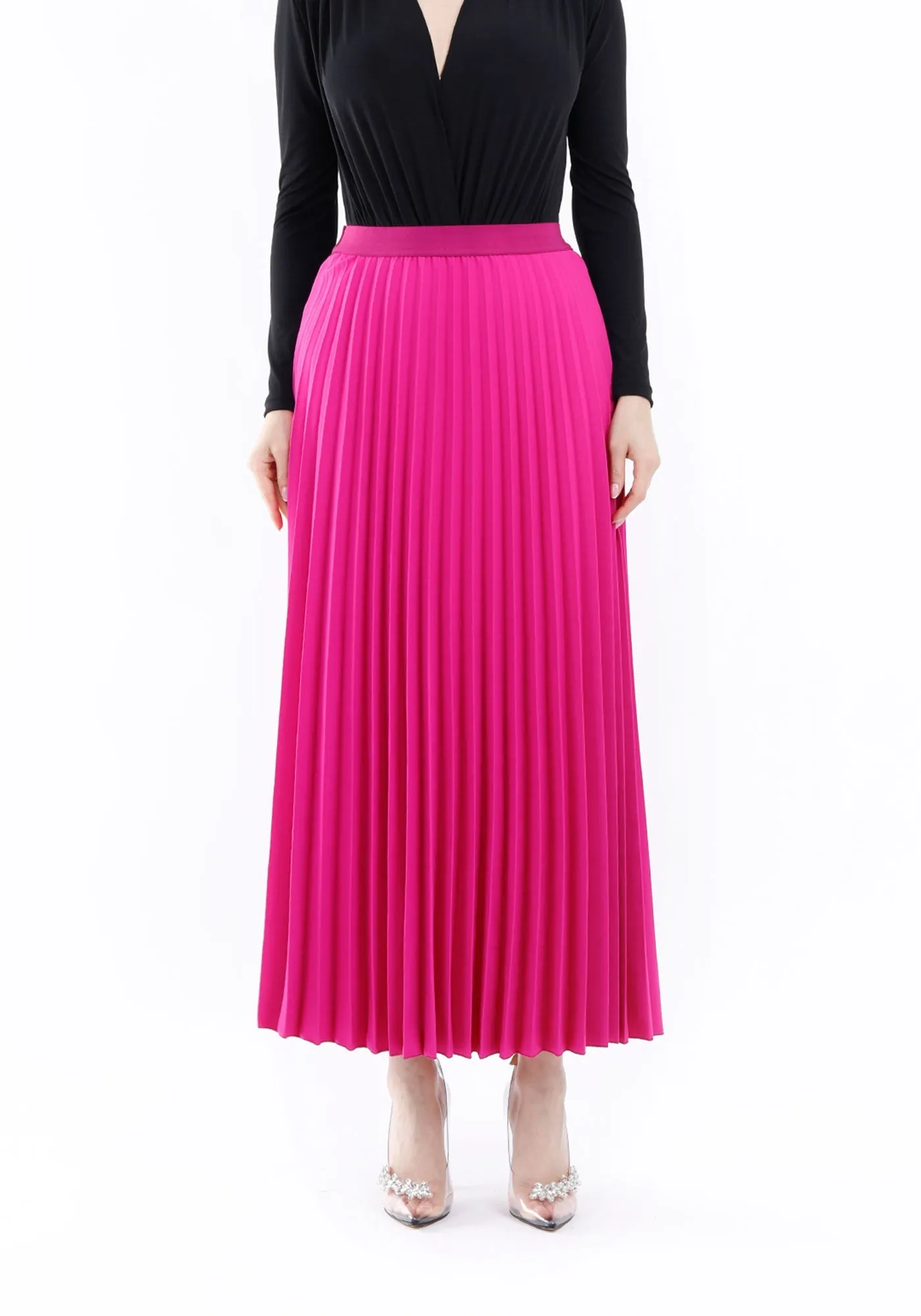 Fuchsia Plisse Pleated Maxi Skirt