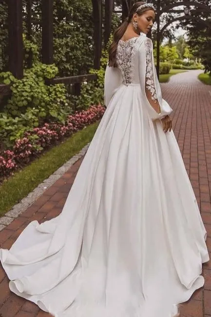 Gorgeous A-Line Satin Long Sleeve White Wedding Dress With Appliques