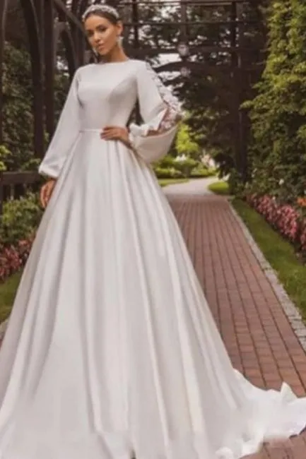 Gorgeous A-Line Satin Long Sleeve White Wedding Dress With Appliques