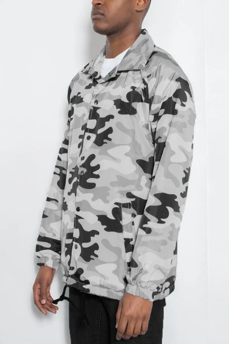 Gray And Black Camo Snap Button Coachs Jacket