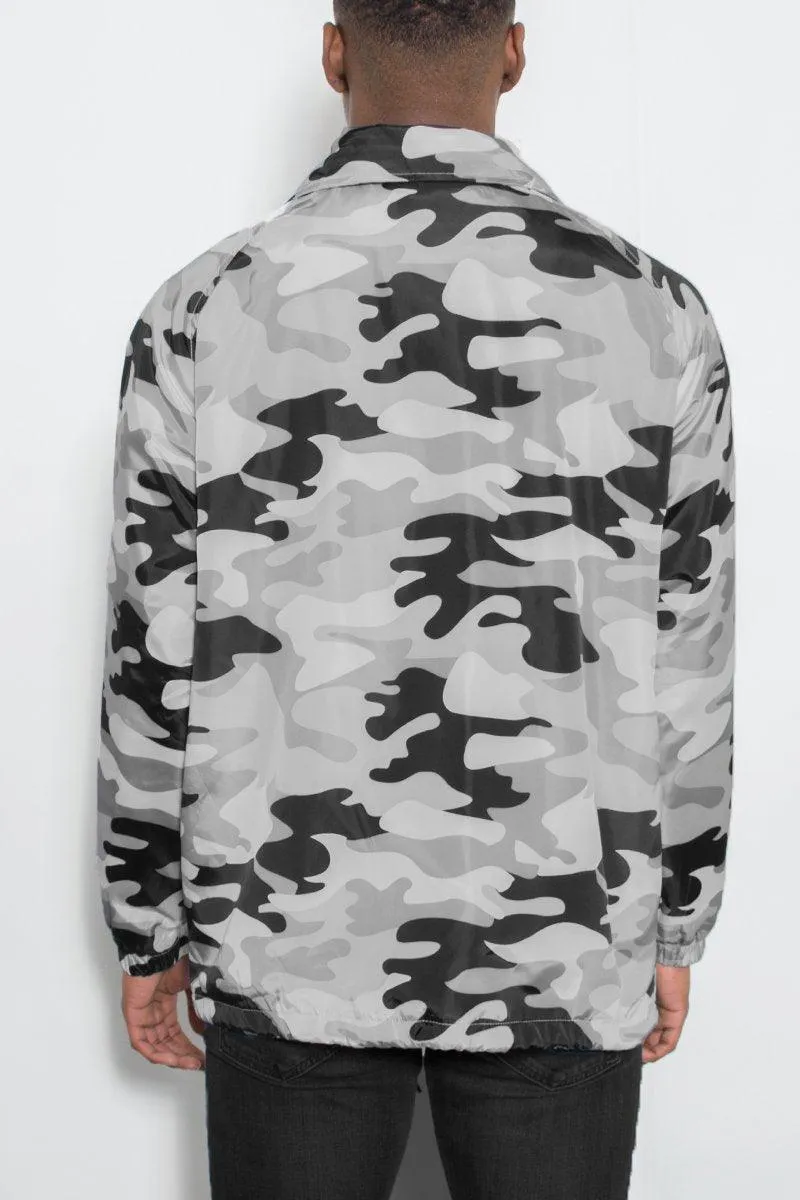 Gray And Black Camo Snap Button Coachs Jacket