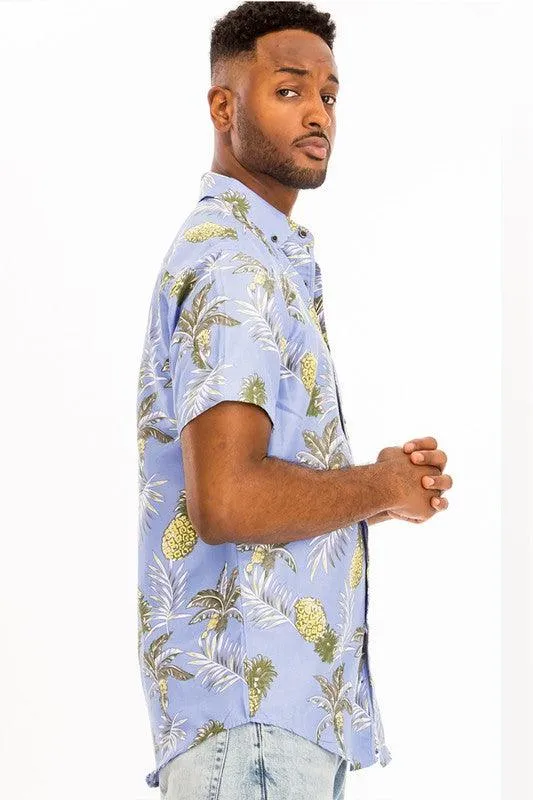 Hawaiian Light Blue Print Button Down Shirt