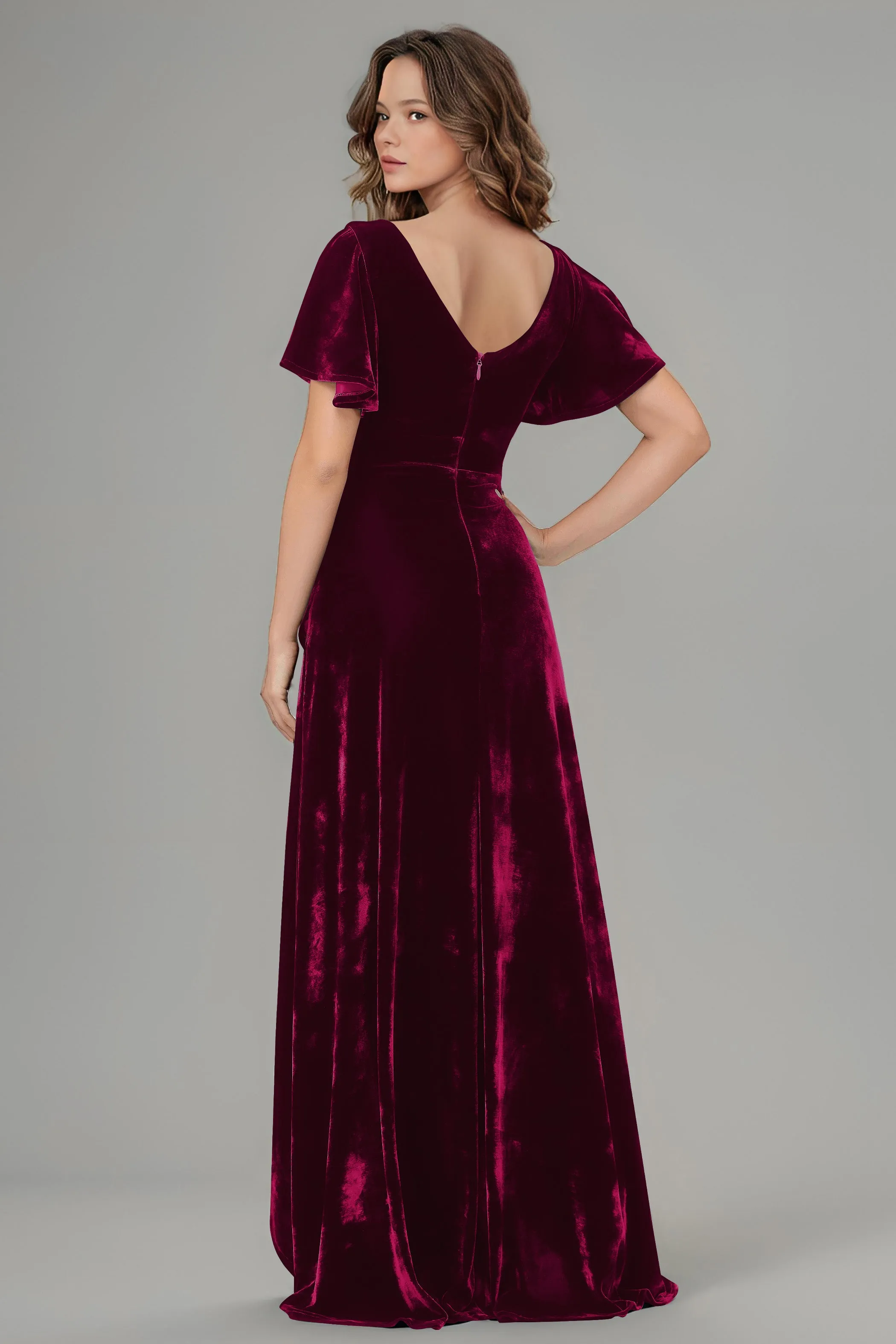 High Low V-Neck Short Sleeves Velvet Bridesmaid Dresses