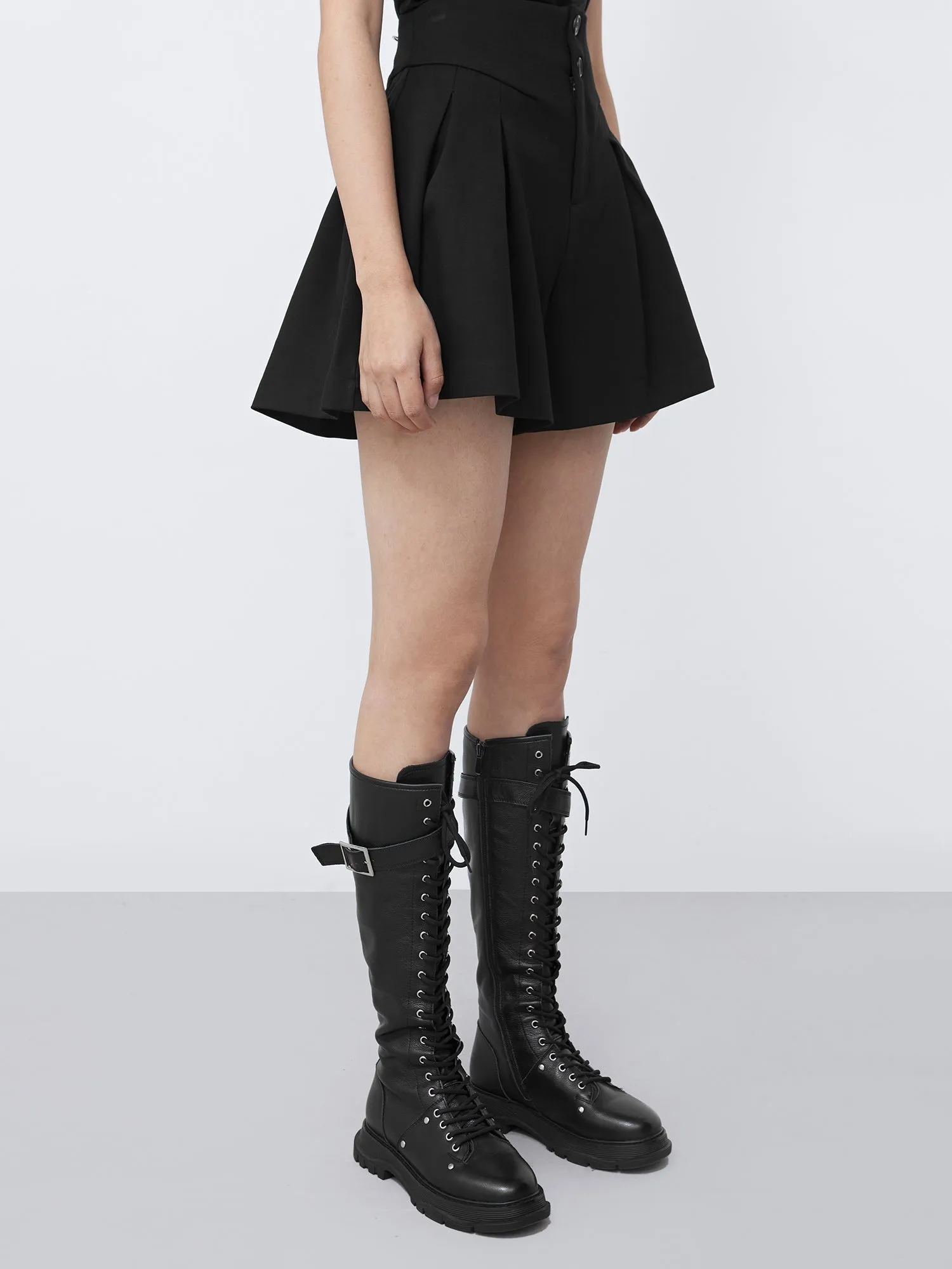 High Waist Pleated Black A-Line Shorts