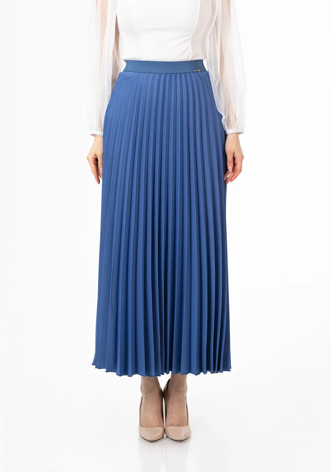 Indigo Pleated Maxi Skirt Elastic Waist Band Ankle Length Plisse Skirt