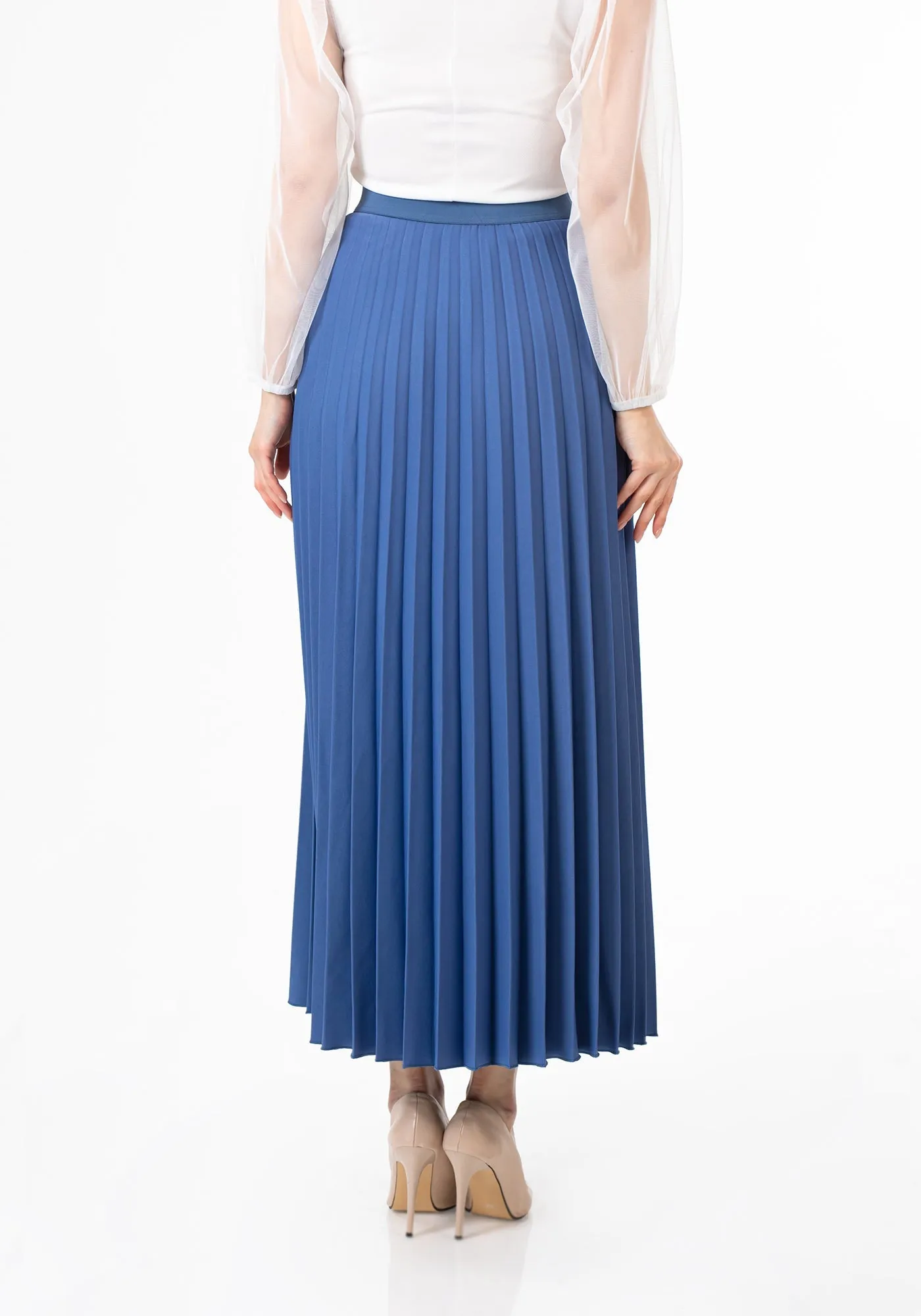 Indigo Pleated Maxi Skirt Elastic Waist Band Ankle Length Plisse Skirt