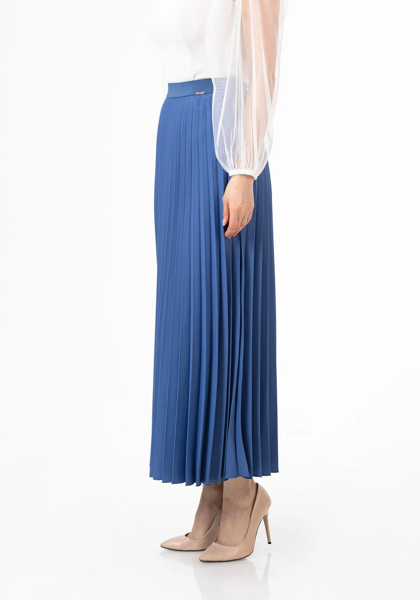 Indigo Pleated Maxi Skirt Elastic Waist Band Ankle Length Plisse Skirt