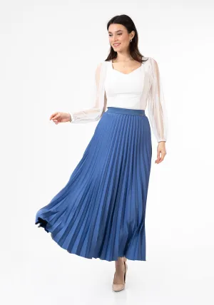 Indigo Pleated Maxi Skirt Elastic Waist Band Ankle Length Plisse Skirt