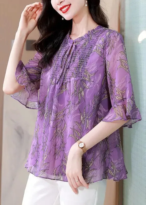 Italian Purple Ruffled Print Chiffon Blouses Summer HA1055