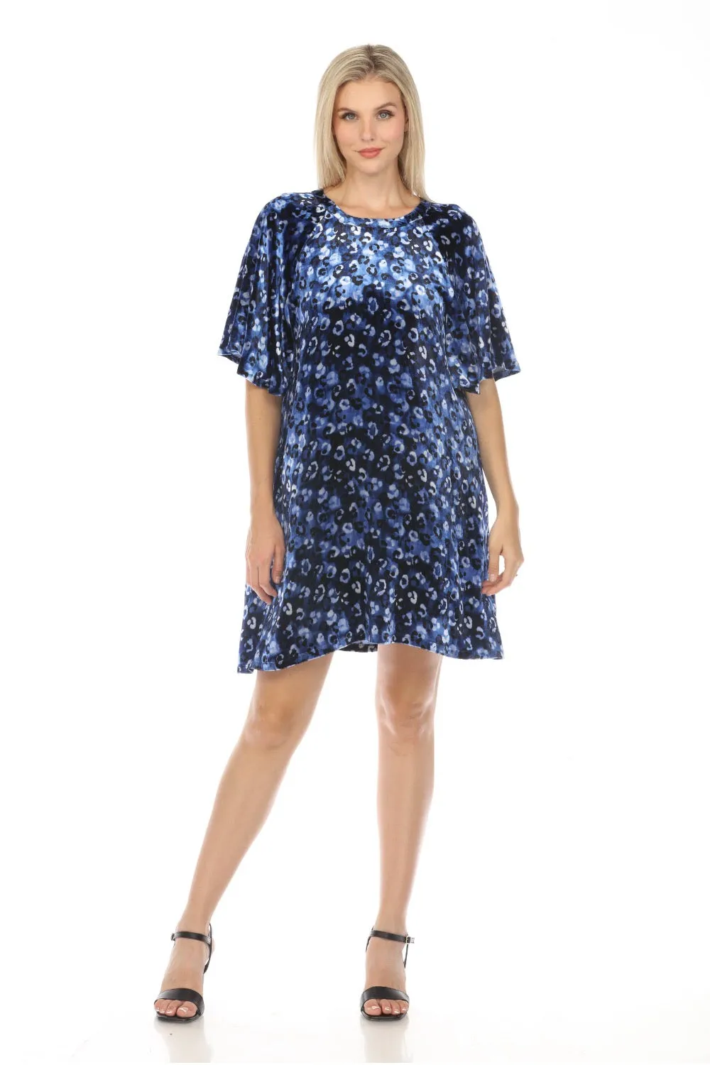 Johnny Was JWLA Blue Iris Leopard Velvet Flutter Sleeve Raglan Dress Boho Chic J33924