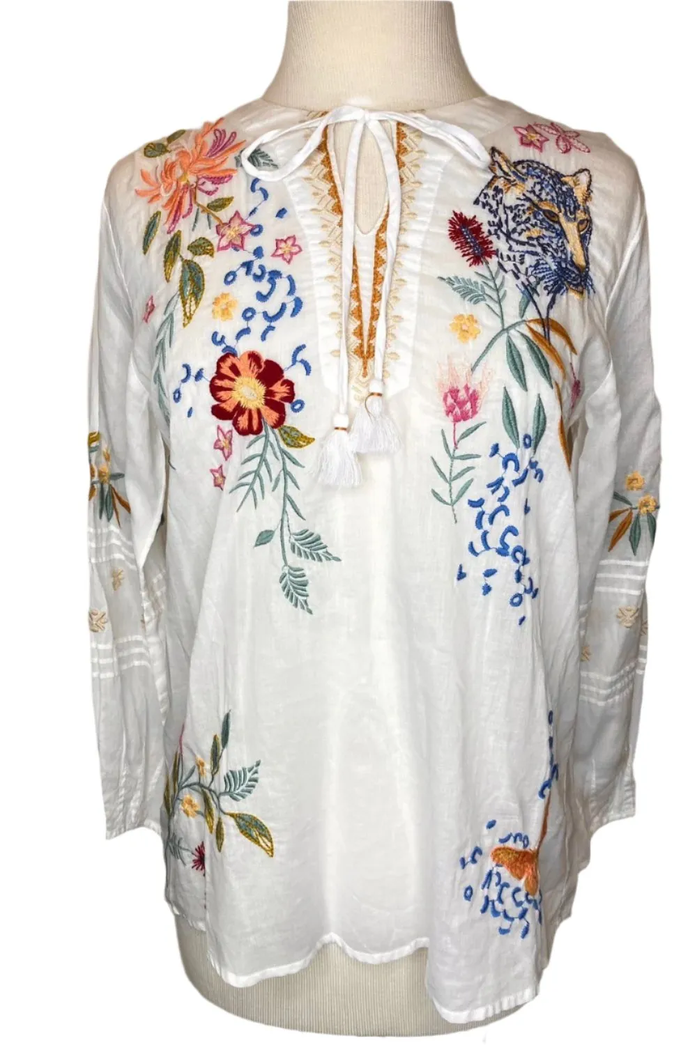 Johnny Was Workshop Embroidered Tassel Top W17424 Boho Chic *