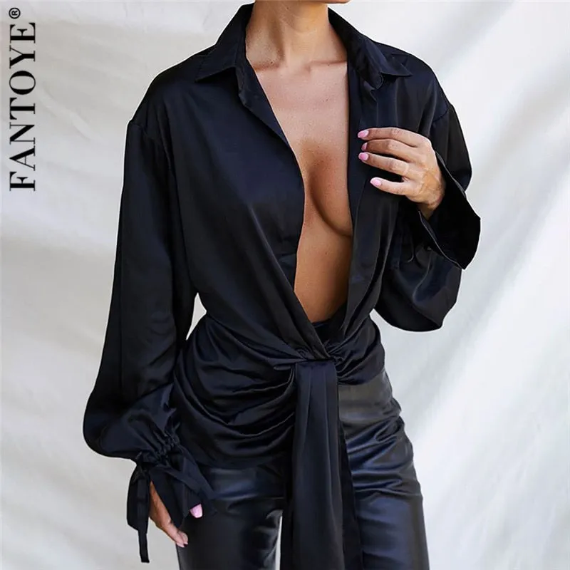 Joskaa Black Sexy V Neck Petal Sleeve Blouses Woman Fashion 2020 Elegant Bandage Irregular Loose Shirts Casual Plus Size Tops