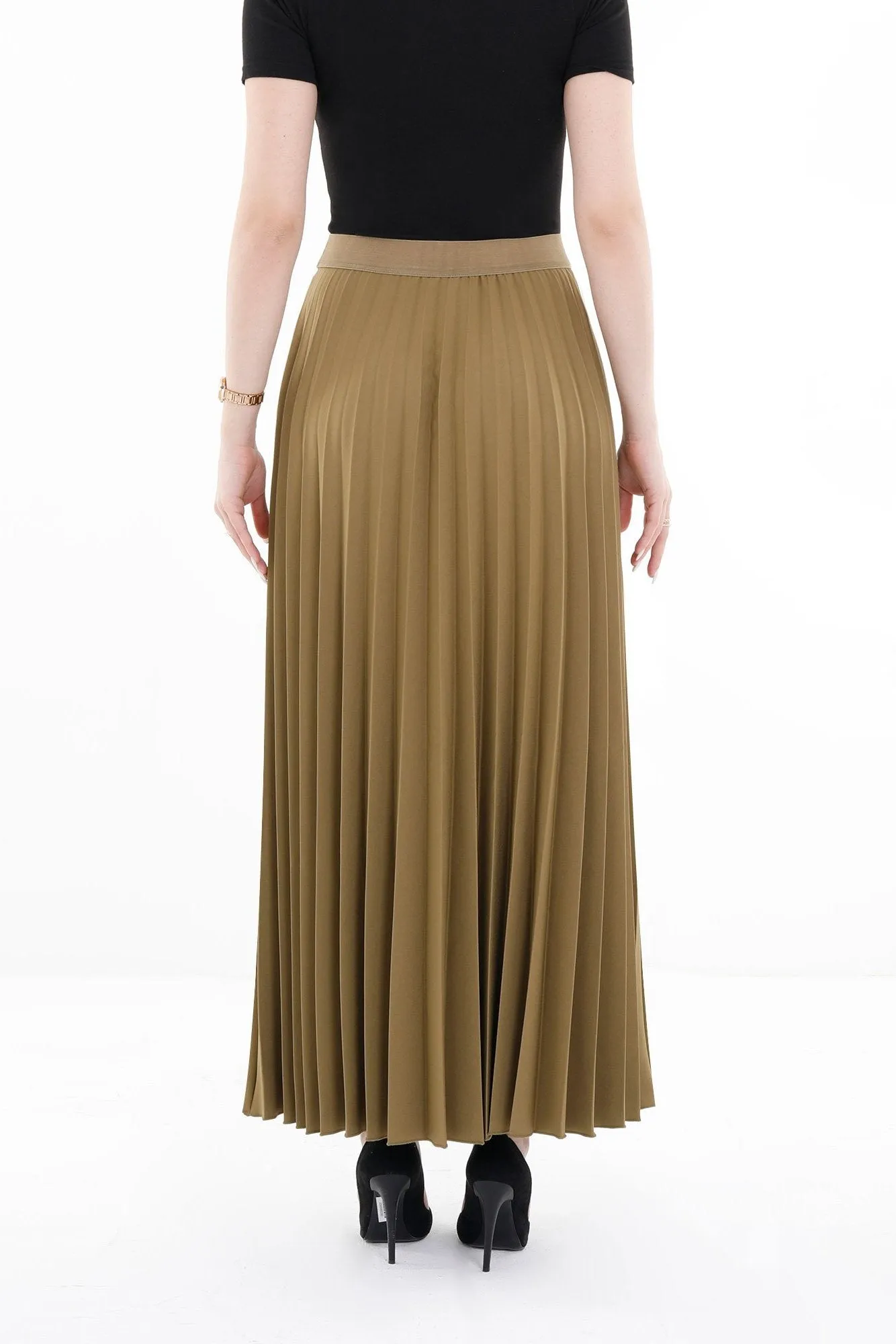 Khaki Pleated Maxi Skirt Elastic Waist Band Ankle Length Plisse Skirt