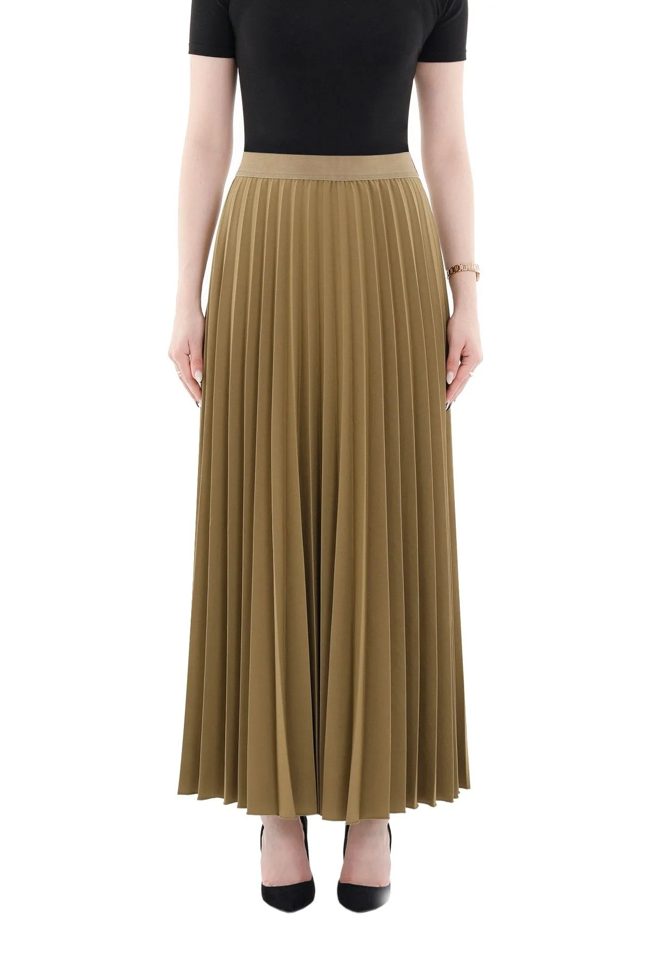 Khaki Pleated Maxi Skirt Elastic Waist Band Ankle Length Plisse Skirt