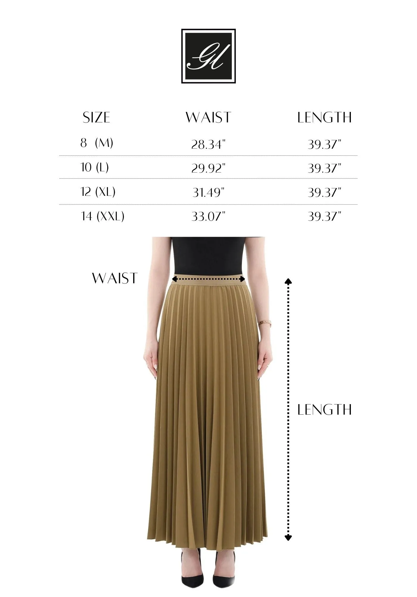 Khaki Pleated Maxi Skirt Elastic Waist Band Ankle Length Plisse Skirt